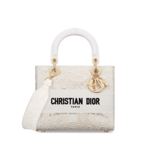 Dior Lady Dirette Medium Bag (White D-Lace Macramé-Effective Butterfly Embroidery)