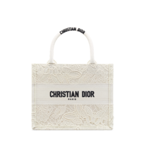 Dior Book Tote Small Bag (White D-Lace Macramé-Effect Butterfly Embroidery)