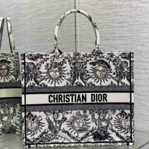 Dior Book Tote Large Bag (White &amp; Black Toile de Jouy Soleil Embroidery)
